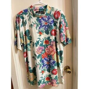 Vintage Paste Colorful Floral Green T-Shirt Dress Short Sleeve Top Womens M